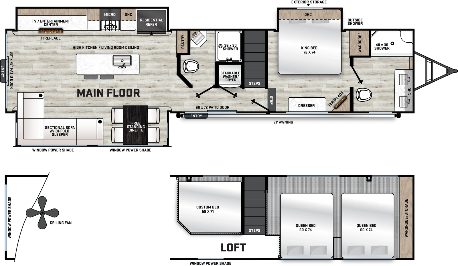 The Aurora 43CONDO floorplan has two entries and three slide outs. Exterior features include: metal exterior and 21' awning. Interiors features include: loft, kitchen island, free-standing dinette option, rear living and two full bathrooms.
